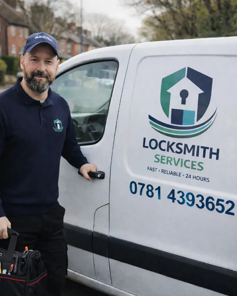 Radu local locksmith in Leeds standing beside locksmith van