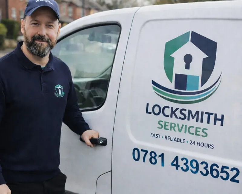 Radu local locksmith in Leeds standing beside the locksmith van